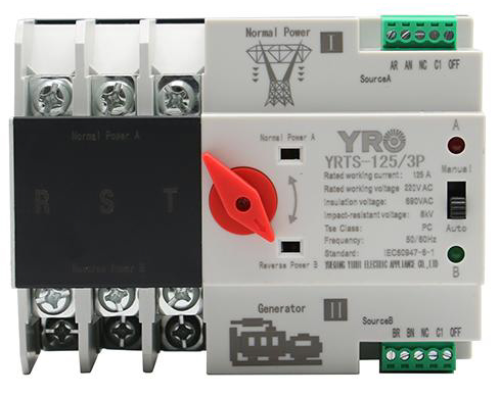 Автомат введення резерву (АВР) триполюсний YRQ2PC-125, 400V/125A на DIN-рейку для генераторів Автомат введення резерву (АВР) триполюсний YRQ2PC-125, 400V/125A на DIN-рейку для генераторів