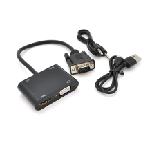 Конвертер VEGGIEG V2-H VGA (тато) на VGA (мама) + HDMI (мама), 25cm, Black, Пакет