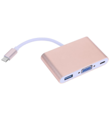Конвертер Type-C (тато) на VGA (мама) + USB 3.0 (мама) + Type-C (мама) 10cm, GOLD, 4K / 2K Пакет