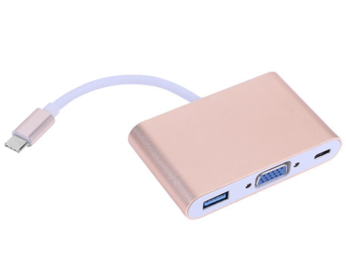 Конвертер Type-C (тато) на VGA (мама) + USB 3.0 (мама) + Type-C (мама) 10cm, GOLD, 4K / 2K Пакет