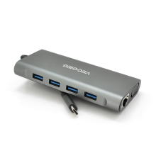 Хаб-конвертор VEGGIEG TC11-S Type-C (тато) на Type-C(мама) + USB3.0*3(мама) + HDMI(мама) + jack3.5(мама) + SD/TF + RJ45, 10 см, Silver, Box