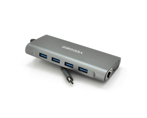 Хаб-конвертор VEGGIEG TC11-S Type-C (тато) на Type-C(мама) + USB3.0*3(мама) + HDMI(мама) + jack3.5(мама) + SD/TF + RJ45, 10 см, Silver, Box
