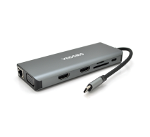 Хаб-конвертор VEGGIEG TC12 Type-C (тато) на Type-C (мама) + USB3.0*4(мама) + HDMI*2(мама) + VGA(мама) + SD/TF + RJ45, 10 см, Silver, Box