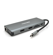 Хаб-конвертор VEGGIEG TC12 Type-C (тато) на Type-C (мама) + USB3.0*4(мама) + HDMI*2(мама) + VGA(мама) + SD/TF + RJ45, 10 см, Silver, Box