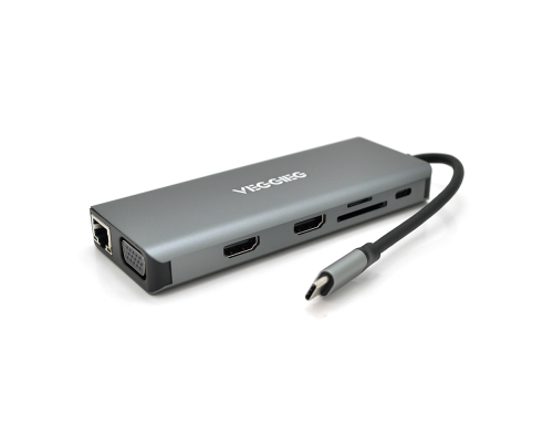 Хаб-конвертор VEGGIEG TC12 Type-C (тато) на Type-C (мама) + USB3.0*4(мама) + HDMI*2(мама) + VGA(мама) + SD/TF + RJ45, 10 см, Silver, Box