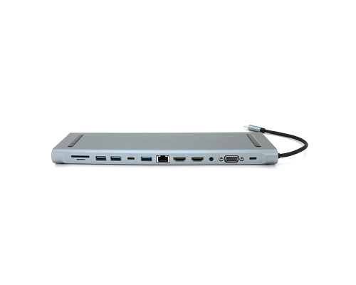 Хаб-конвертор 12 в 1 Type-C (тато) на Type-C(мама)+2*USB2.0(мама)+USB3.0(мама)+2*HDMI(мама)+VGA(мама)+SD/TF+RJ45+ jack3.5 (мама)+PD, 10cm, Silver, Box