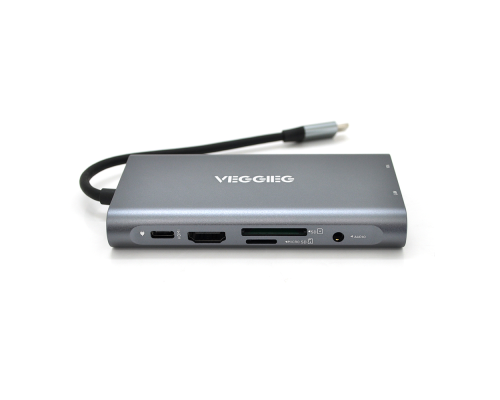 Хаб-конвертор VEGGIEG TC10-U Type-C (тато) на Type-C (мама) + USB3.0 * 3 (мама) + HDMI (мама) + VGA (мама) + SD / TF + RJ45, 10 см, Silver, Box