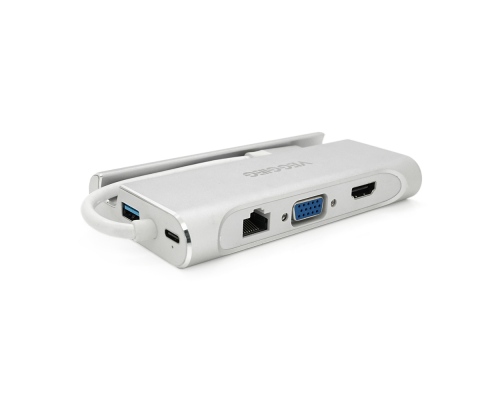 Хаб-конвертор VEGGIEG TC07-S Type-C (тато) на Type-C (мама) + USB3.0 * 3 (мама) + HDMI (мама) + RJ45, 10см, Silver, Box