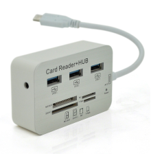 Хаб Type-C алюмінієвий, 3 порти USB 3.0 + Card Reader, 20 см, White, Пакет