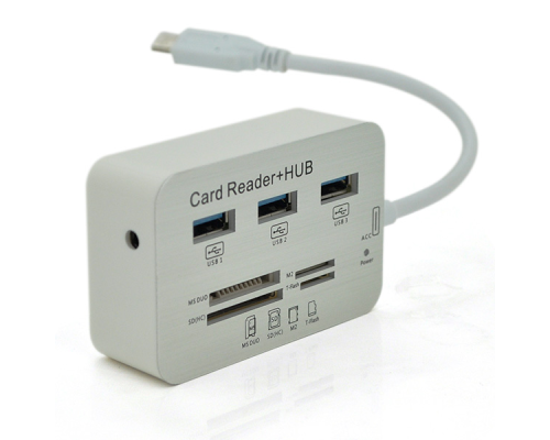 Хаб Type-C алюмінієвий, 3 порти USB 3.0 + Card Reader, 20 см, White, Пакет
