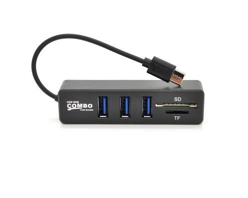Хаб Type-C P3101, 3 порти USB 2.0 + SD/TF, 10 см, Black, Blister