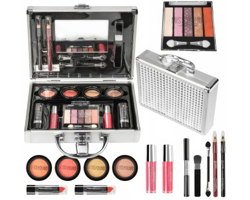Набір декоративної косметики в алюмінієвому кейсі з дзеркалом Makeup set MC1488 Сріблястий