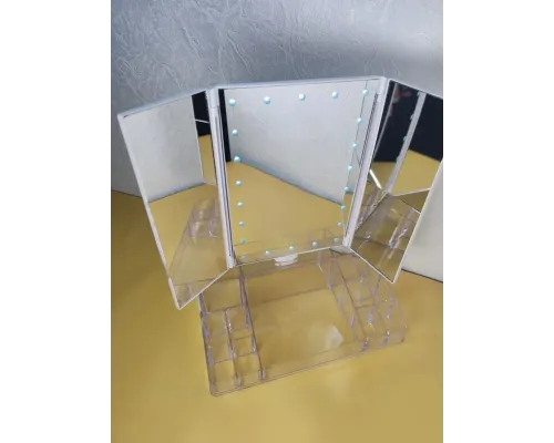 Потрійне дзеркало з LED-підсвіткою і підставкою для косметики, органайзер для косметики