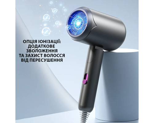 Фен для волосся складаний стайлер Air Blower LY-811, потужність 1800 Вт, 3 швидкості, іонізація, сірий