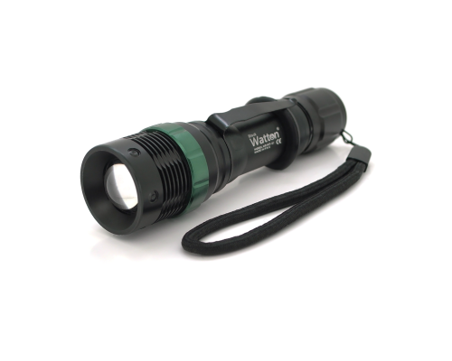 Ліхтар ручний Watton WT-037, 1LED Cree Q5, 3W, 3 режими, ZOOM, 18650/2800mah (перехідник 3*AAA), Black, IP44, СЗУ, 132х34х28мм, BOX