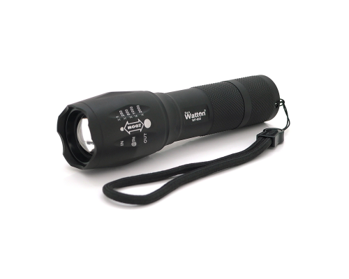 Ліхтар ручний Watton WT-023, 1LED Cree T6, 3W, 5 режимів, ZOOM, 18650/2800mah (перехідник 3*AAA), Black, IP44, СЗУ, 130х33х28мм, BOX