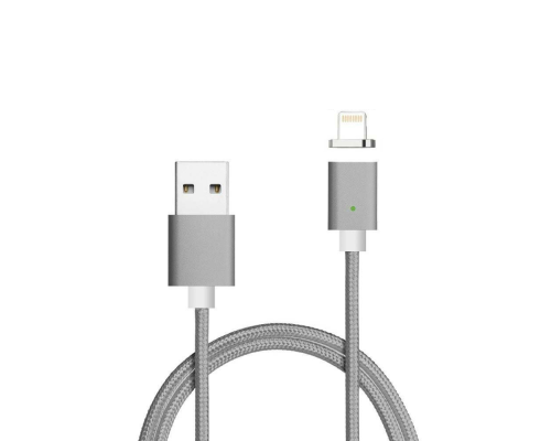 Магнітний кабель USB 2.0/Lighting, 1m, 2А, індикатор заряду, тканинне обплетення, знімач, Gray, Blister ( під наконечник 8752 )