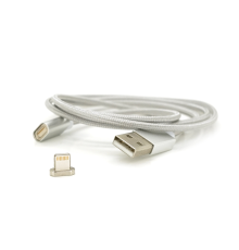 Магнітний кабель USB 2.0/Lighting, 1m, 2А, індикатор заряду, тканинне обплетення, знімач, Silver, Blister ( під наконечник 1938 )
