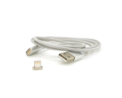 Магнітний кабель USB 2.0/Lighting, 1m, 2А, індикатор заряду, тканинне обплетення, знімач, Silver, Blister ( під наконечник 1938 )