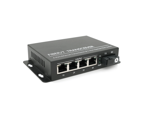 4х портовий медіаконвертор ONV-0110S-SCX-S4-A, 4*100М RJ45 + 1*SC порт (1310/1550nm, 20km)