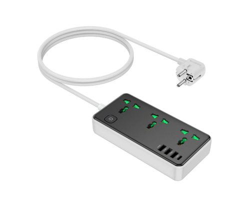 Мережевий фільтр HOCO AC7A на 3 розетки + 3 USB+USB-C, 17W, 220В, кабель 1,5м, Black/White, Box Мережевий фільтр HOCO AC7A на 3 розетки + 3 USB+USB-C, 17W, 220В, кабель 1,5м, Black/White, Box