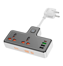 Мережевий фільтр HOCO AC12A на 2 розетки + 3 USB + USB-C, 30W, кабель 1м, 220В, Black, Box