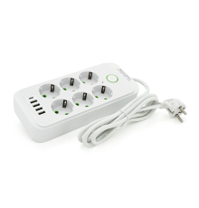Сетевой фильтр F06U, 6 розеток EU + 4 USB + 1PD, кнопка включения с индикатором, 2 м, 3х0,75мм, 2500W, White, Box