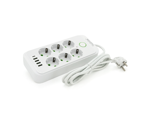 Сетевой фильтр F06U, 6 розеток EU + 4 USB + 1PD, кнопка включения с индикатором, 2 м, 3х0,75мм, 2500W, White, Box Сетевой фильтр F06U, 6 розеток EU + 4 USB + 1PD, кнопка включения с индикатором, 2 м, 3х0,75мм, 2500W, White, Box