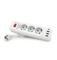 Мережевий фільтр F23U, 3 розетки EU+3 USB+PD, кнопка включення з індикатором, 2 м, 3х0,75мм, 2500W, White, Box