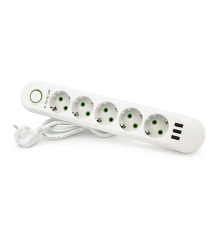 Мережевий фільтр F05U, 5 розеток EU + 3 USB, 1.5 м, перетин 3х0, 75мм, 2500W, White, Box