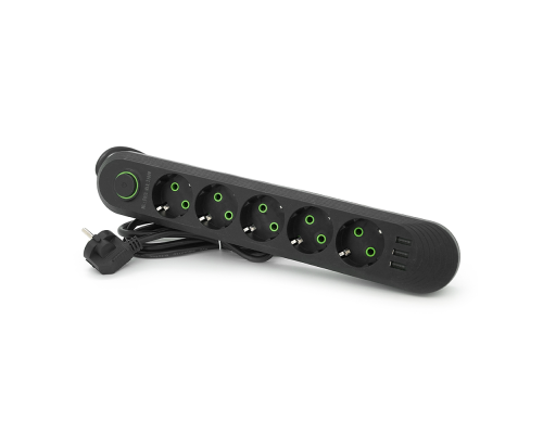 Мережевий фільтр F05U, 5 розеток EU + 3 USB, 1.5 м, перетин 3х0, 75мм, 2500W, Black, Box