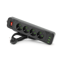 Мережевий фільтр F24U, 4 розетки EU+3 USB+PD, кнопка включення з індикатором, 2 м, 3х0,75мм, 2500W, Black, Box