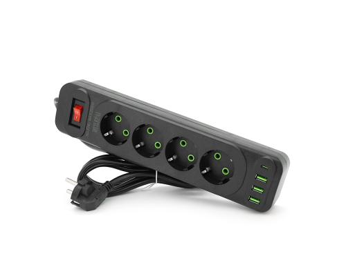 Мережевий фільтр F24U, 4 розетки EU+3 USB+PD, кнопка включення з індикатором, 2 м, 3х0,75мм, 2500W, Black, Box