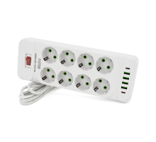 Мережевий фільтр F34U, 8 розеток EU + 4 USB + 2 PD, кнопка включення з індикатором, 2 м, 3х0,75 мм, 2500W, White, Box
