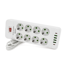 Мережевий фільтр F34U, 8 розеток EU + 4 USB + 2 PD, кнопка включення з індикатором, 2 м, 3х0,75 мм, 2500W, White, Box