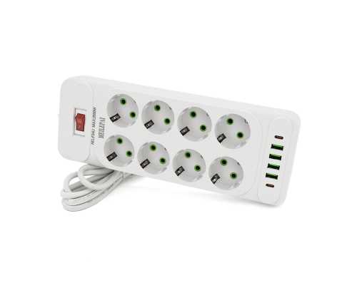 Мережевий фільтр F34U, 8 розеток EU + 4 USB + 2 PD, кнопка включення з індикатором, 2 м, 3х0,75 мм, 2500W, White, Box Мережевий фільтр F34U, 8 розеток EU + 4 USB + 2 PD, кнопка включення з індикатором, 2 м, 3х0,75 мм, 2500W, White, Box
