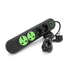 Мережевий фільтр F01U, 2 розетки EU + 2 розетки Universal + 3 USB, 1.5 м, перетин 3х0, 75мм, 2500W, Black, Box