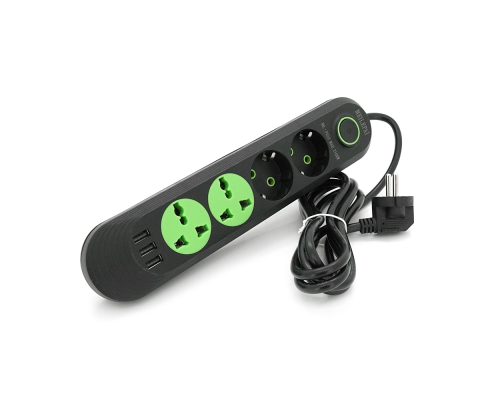 Мережевий фільтр F01U, 2 розетки EU + 2 розетки Universal + 3 USB, 1.5 м, перетин 3х0, 75мм, 2500W, Black, Box