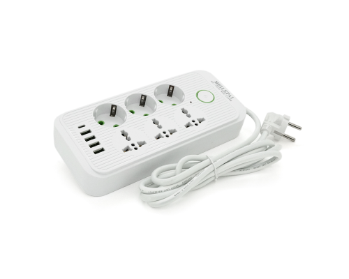 Фільтр F07U, 6 розеток (3 EU+3 Universal) + 4 USB + 1PD, кнопка включення з індикатором, 2 м, 3х0,75мм, 2500W, White, Box Фільтр F07U, 6 розеток (3 EU+3 Universal) + 4 USB + 1PD, кнопка включення з індикатором, 2 м, 3х0,75мм, 2500W, White, Box