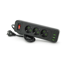 Мережевий фільтр F23U, 3 розетки EU +3 USB + PD, кнопка включення з індикатором, 2 м, 3х0,75мм, 2500W, Black, Box
