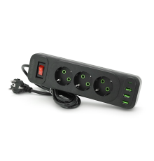 Мережевий фільтр F23U, 3 розетки EU +3 USB + PD, кнопка включення з індикатором, 2 м, 3х0,75мм, 2500W, Black, Box