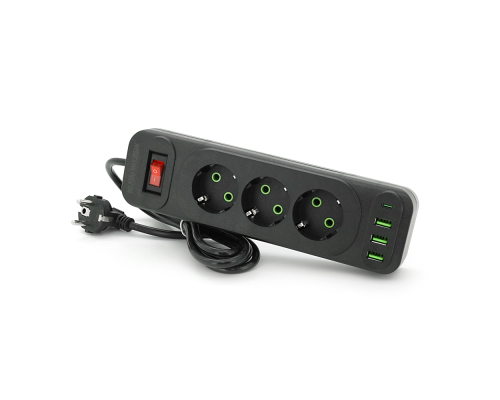Мережевий фільтр F23U, 3 розетки EU +3 USB + PD, кнопка включення з індикатором, 2 м, 3х0,75мм, 2500W, Black, Box Мережевий фільтр F23U, 3 розетки EU +3 USB + PD, кнопка включення з індикатором, 2 м, 3х0,75мм, 2500W, Black, Box