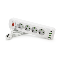 Мережевий фільтр F24U, 4 розетки EU+3 USB+PD, кнопка включення з індикатором, 2 м, 3х0,75мм, 2500W, White, Box
