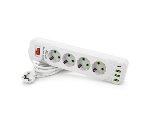Мережевий фільтр F24U, 4 розетки EU+3 USB+PD, кнопка включення з індикатором, 2 м, 3х0,75мм, 2500W, White, Box Мережевий фільтр F24U, 4 розетки EU+3 USB+PD, кнопка включення з індикатором, 2 м, 3х0,75мм, 2500W, White, Box
