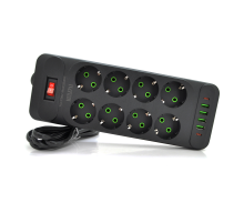 Мережевий фільтр F34U, 8 розеток EU + 4 USB + 2 PD, кнопка включення з індикатором, 2 м, 3х0,75 мм, 2500W, Black, Box