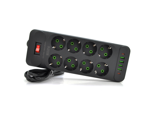 Мережевий фільтр F34U, 8 розеток EU + 4 USB + 2 PD, кнопка включення з індикатором, 2 м, 3х0,75 мм, 2500W, Black, Box Мережевий фільтр F34U, 8 розеток EU + 4 USB + 2 PD, кнопка включення з індикатором, 2 м, 3х0,75 мм, 2500W, Black, Box