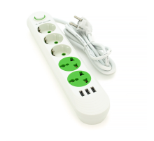 Мережевий фільтр F02U, 3 розетки EU + 2 розетки Universal + 3 USB, 1.5 м, перетин 3х0, 75мм, 2500W, White, Box