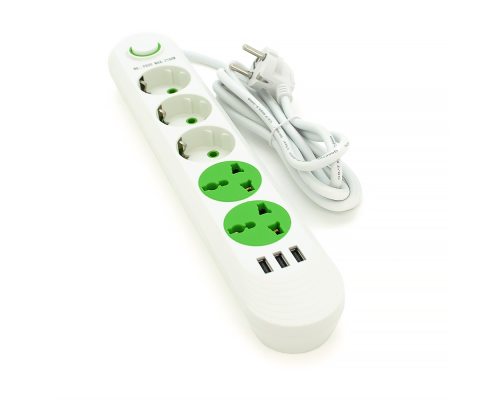 Мережевий фільтр F02U, 3 розетки EU + 2 розетки Universal + 3 USB, 1.5 м, перетин 3х0, 75мм, 2500W, White, Box