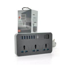 Мережевий фільтр ТВ-Т09, 3 розетки + 6 USB, 2 м, перетин 3х0,75мм, 3000W, Black-grey, Box