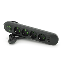 Мережевий фільтр F04U, 4 розетки EU + 3 USB, 1.5 м, перетин 3х0, 75мм, 2500W, Black, Box